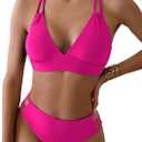Fanuerg Women's Sexy V Neck Bikini Sets Hollow Out Two Piece Swimsuits Cutout Mid Waist Bathing Suit (Medium, Hot Pink)