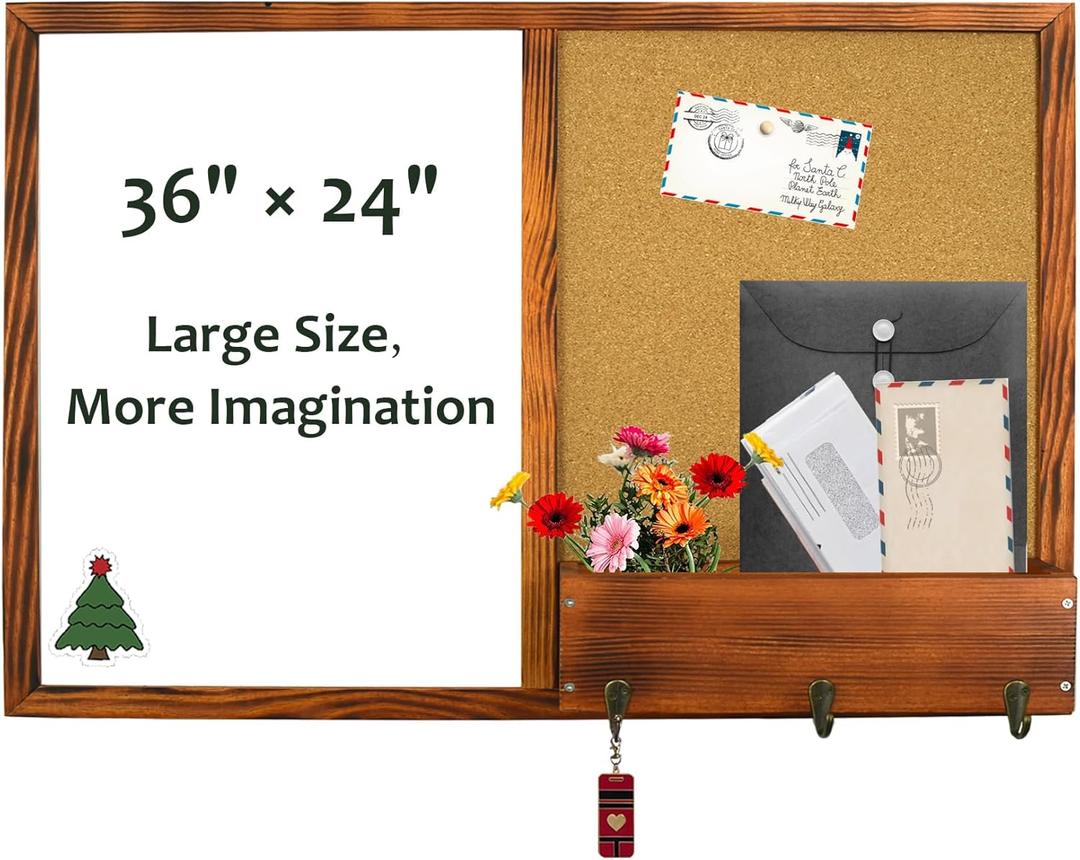 Dry Erase White Board and Cork Board, Magnetic Whiteboard & Bulletin Board Combo, 35.4"23.6"Wall-Mounted Mail Sorter & Key Hooks, Solid Pine Wood Walnut Brown Frame(Mail BB-BN-6090)