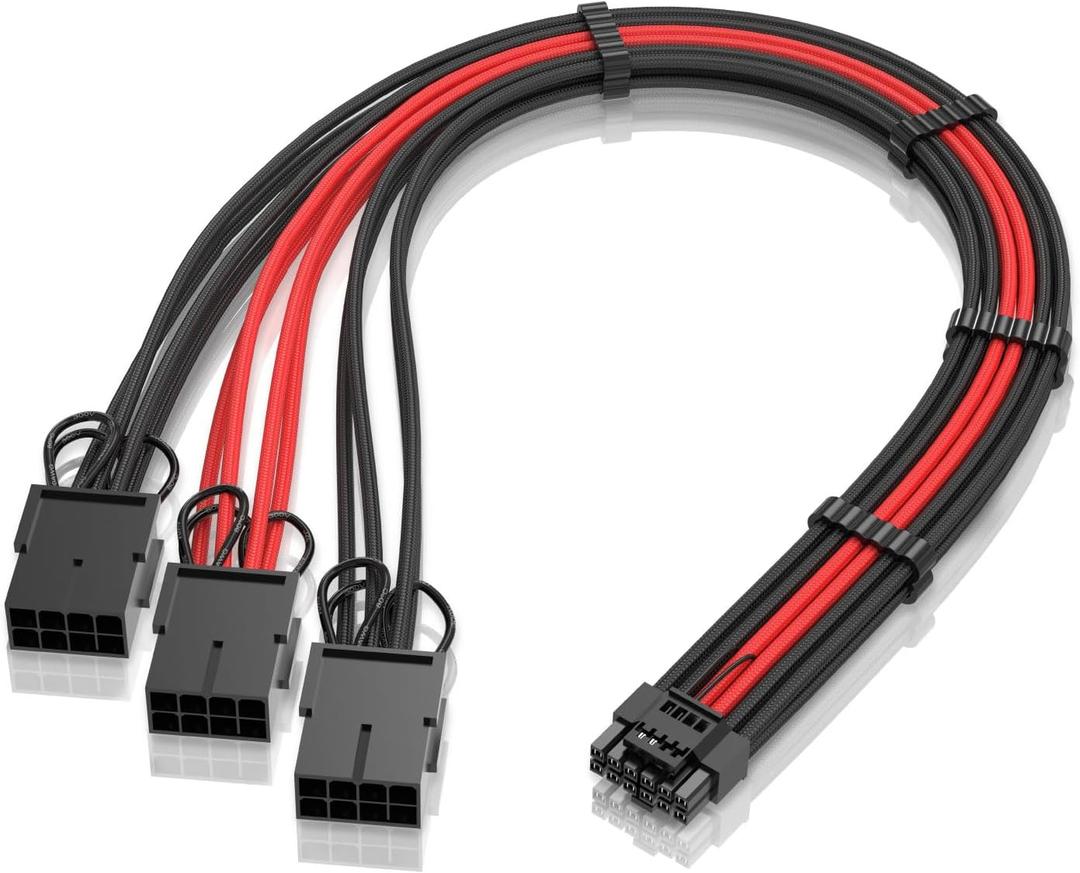 EZDIY-FAB GPU Power Sleeved Cable Extension, 16pin(12+4) 12VHPWR PCIe 5.0 Connector Male to 3X PCIE 8 PIN for RTX4070ti/ 4080/ 3090Ti, with Pre-Installed Cable Combs-16AWG/Black Red