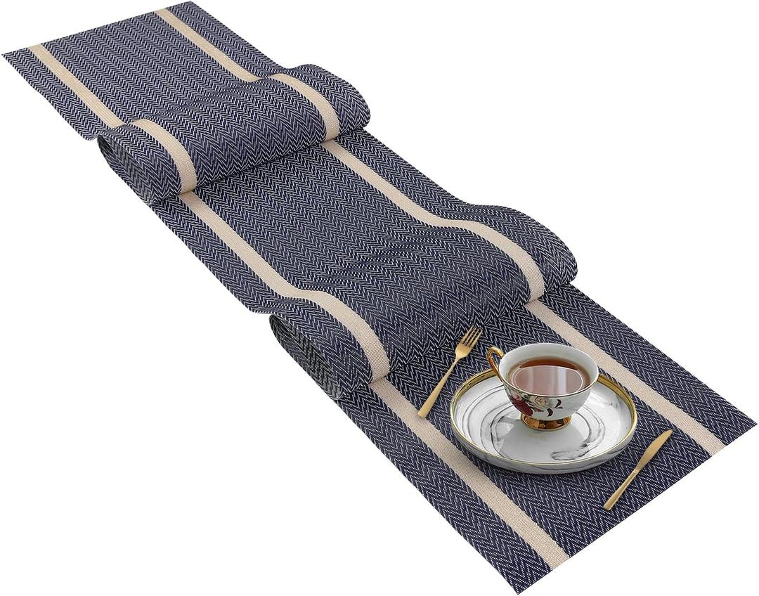 FAVE Woven Vinyl Table Runner Navy Blue Table Runner Woven with Golden Threads 72x12 Inches Wipeable Waterproof Dining Table Mats (Blue-72x12)