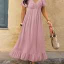 BTFBM Womens Spring Dresses 2026 Casual Short Sleeve V Neck Drawstring Wedding Guest Maxi Dresses Boho Beach Long Dress (S)