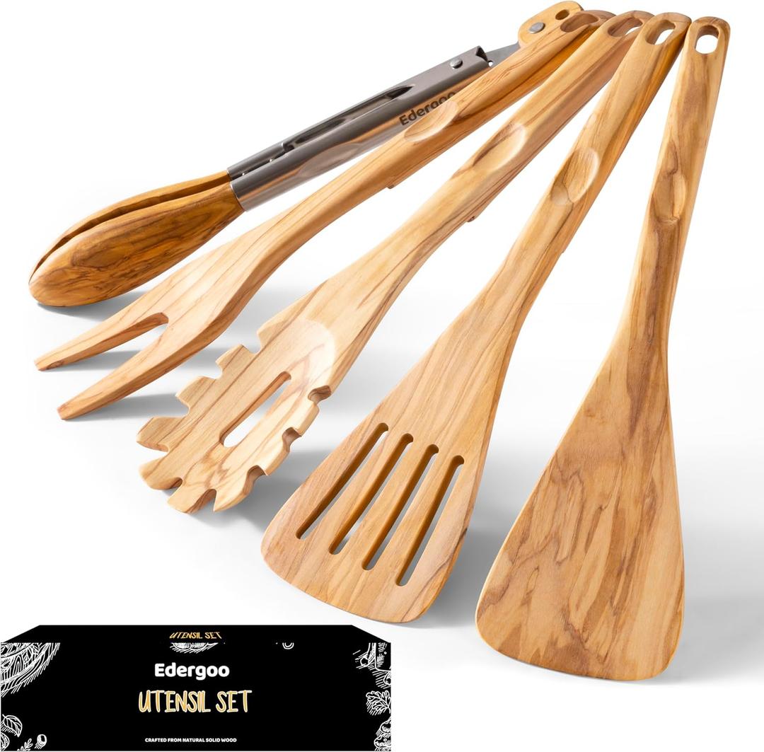 Olive Wood Cooking Utensils Set, 5 PCS Wooden Spoons for Cooking Includes Stainless/Wood Tong, Natural Non-Stick Wooden Utensils Set with Innovative Finger Groove & Non-Slip Notch Design