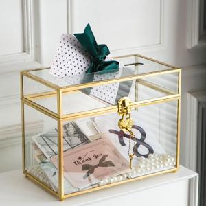 Sanllusit Glass Wedding Card Box with Slot and Lock, Large Clear Card Box Gold Brass Gift Card Storage Box with Lock for Wedding Receptions, Baby Shower, Birthday Party, Bridal Shower