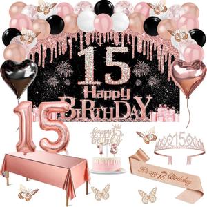 15th Birthday Decorations for Girls, 49pcs Black Rose Gold Black Banner, Tablecloth, Butterfly Decor, 15th Birthday Sash and Tiara, Cake Topper, Candles, Balloons Arch