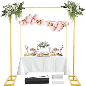 8.2FT Square Backdrop Stand, Wedding Arch Heavy Duty Adjustable Stand, Over The Table Rod Stand with Clamps, Metal Gold Garden Balloon Frame for Baby Shower Parties Decor(Two Person Installation)