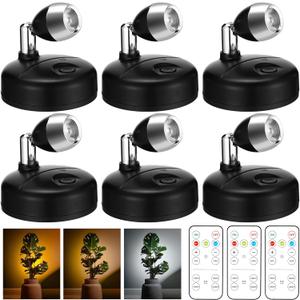 Hortsun 6 Pcs Mini Battery Operated Spotlights with 3 Remote Indoor Plant Wireless LED Spot Lights Rotatable Dimmable Accent Picture Lights for Wall Artwork Painting Display(Black)