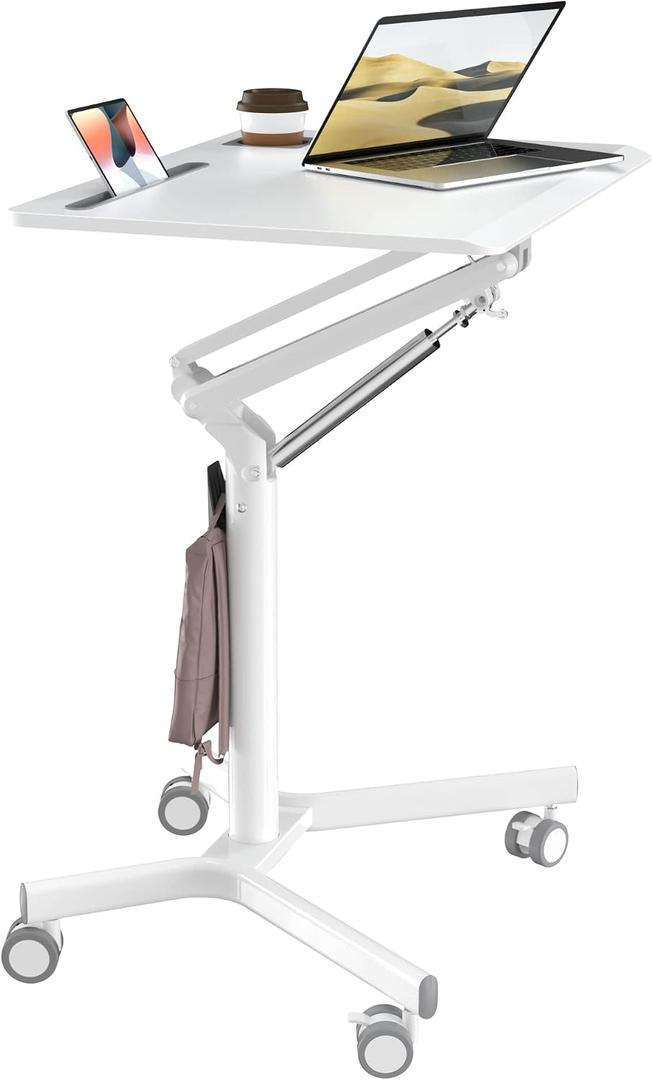 JOY worker Mobile Standing Desk, 28" White Rolling Laptop Desk with Wheels | Small Portable Sit-Stand Workstation Height Adjustable, Slim Ergonomic Teacher Stand Up Desk with Cup Holder for Home Office