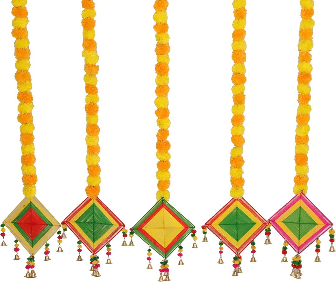 Marubhumi Artificial Marigold Flower Strands Garland for Diwali Decor,5 Feet Long Strands, Garland for Decoration, Diwali Decorations for Home, Christmas Decor Wedding Decor, Mango Yellow - 5 PCS