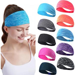 Workout Headbands for Women Sports Sweatbands Yoga Hairbands for Fitness Elastic Athletic Non Slip Wicking Headscarf for Men Womens and Girls 10 PCS (Style 3-10 Color)