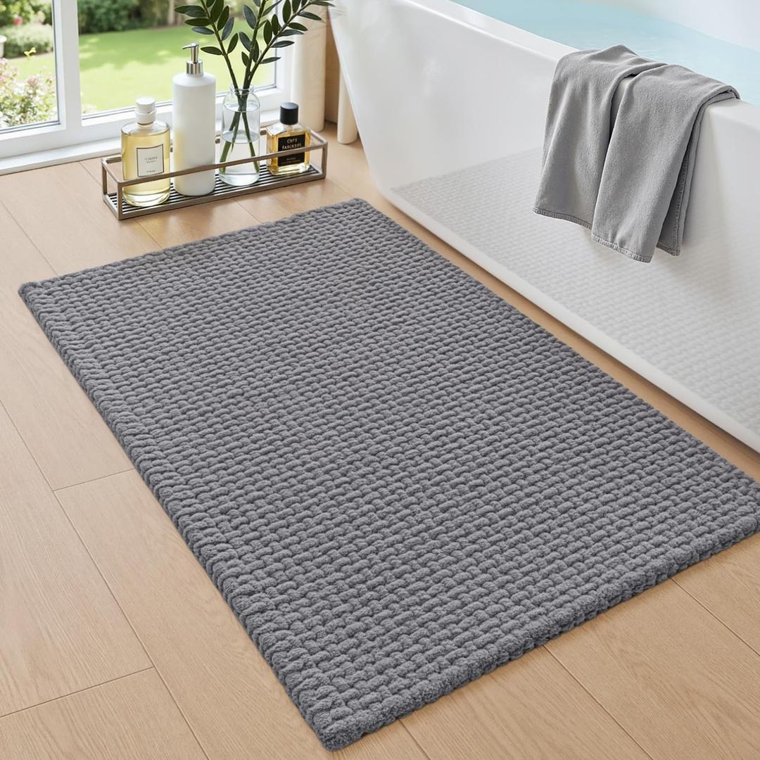 DEXI Bathroom Rugs 24x36, Non Slip Washable Bath Mat, Absorbent Chenille Bathmat, Ultra Soft Thick Carpet for Tub Shower Floor, Grey