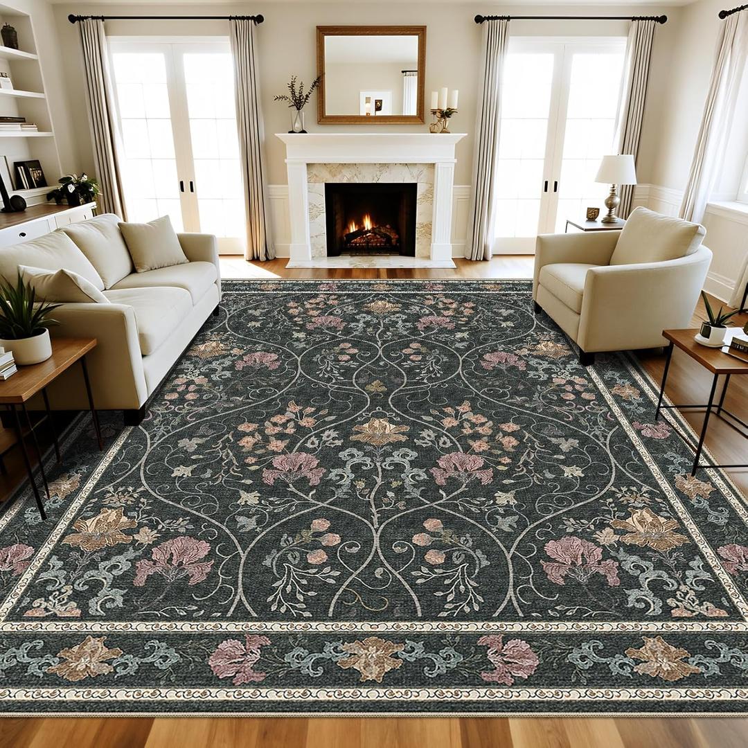 Floral Area Rug 8x10 Washable Vintage Non Slip Rug Large Soft Low Pile Stain Resistant Rugs for Living Room Bedroom Dining Room Laundry Indoor, Dark Grey