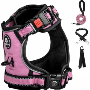 FURRYFECTION Dog Harness | No Pull Dog Harness | Reflective Oxford | Padded Handle | 4 Adjustable Straps | 2 Leash Clips | No Choke Pet Vest Harness for Small Medium Large Dogs | Pink | M
