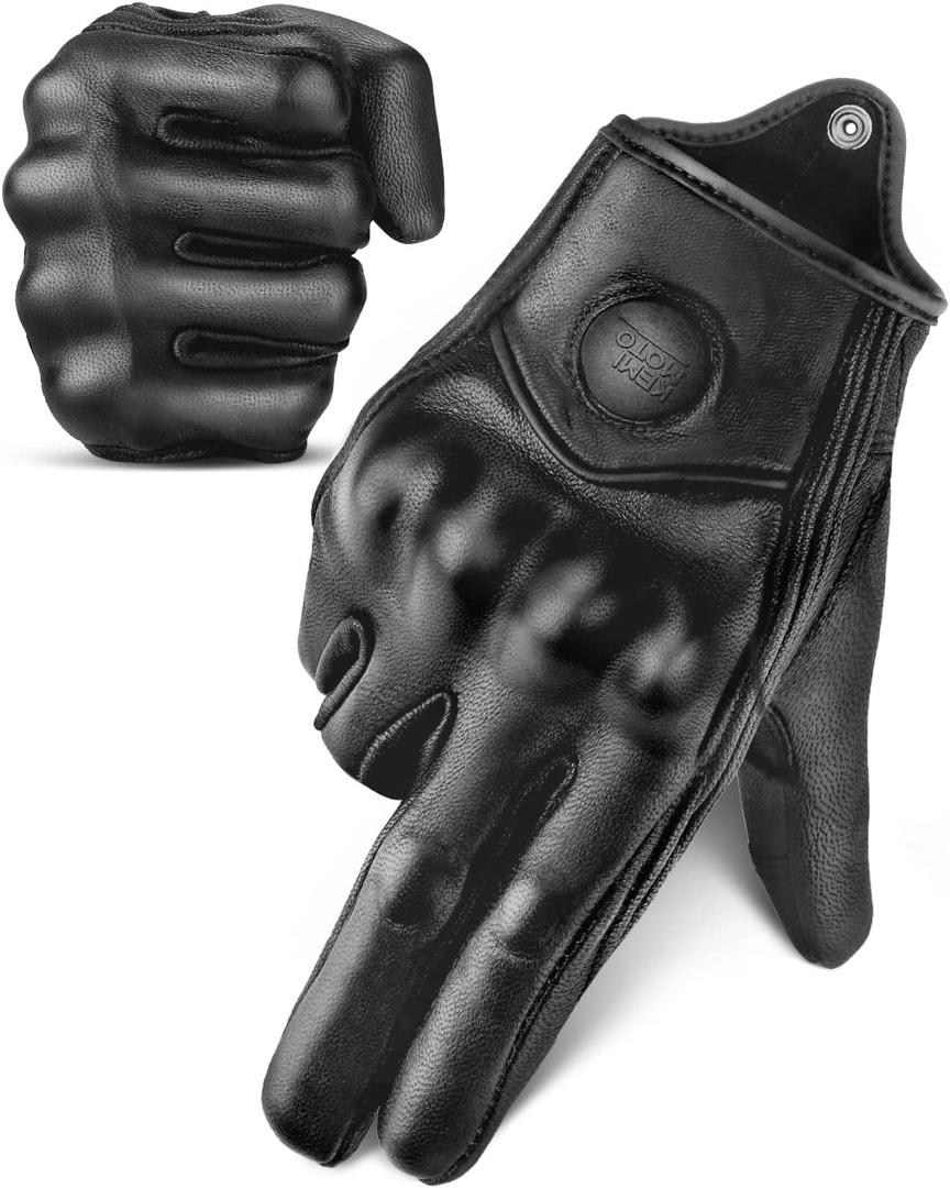KEMIMOTO Motorcycle Gloves, Leather Motorcycle Riding Gloves for Men and Women, Touchscreen Motorbike Gloves for Motorcross Racing BMX MTB Cycling with Hard Knuckle Black, XL