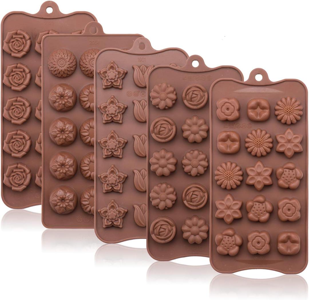 2 x Fewo 5 Pack Flower Chocolate Molds Set - BPA Free & Non-stick Silicone Tray for Hard Candy Gummy Keto Fat Bomb Jello Ice Cube Small Soap (16 Shapes, Rose, Daisy, Sakura, Sunflower, Tulip, Etc)
