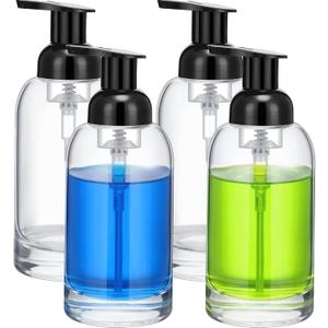 Eccliy 4 Pack 13 Oz Clear Glass Jar Soap Dispenser with Foaming Pump, Clear Thick Hand Liquid Dish Soap Dispenser Round Bottles for Bath Home Kitchen Oil Lotion