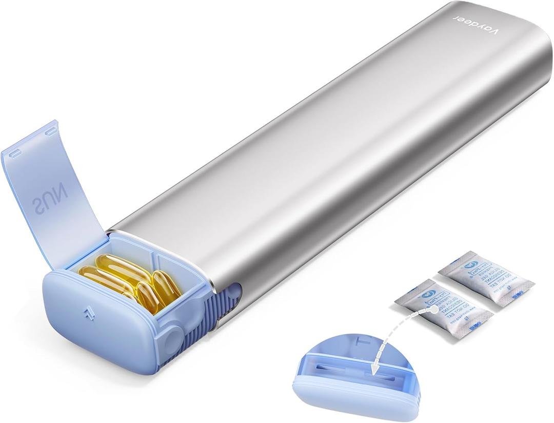 VAYDEER Metal Weekly Pill Organizer  Moisture-Proof Travel Pill Organizer with Built-in Desiccant Chamber and Airtight Lids  Large-Capacity Pill Box for Vitamins, Medicines & Supplements(Silver)