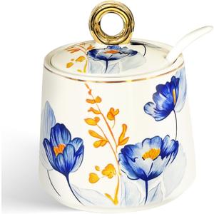 JUSONEY Ceramic Sugar Bowl with Lid and Spoon with Floral Pattern, Gold Trim  7.5oz Elegant Sugar Jar with Lid and Spoon, Nordic Style for Kitchen, Dining, Cafe, Gift Idea (C)
