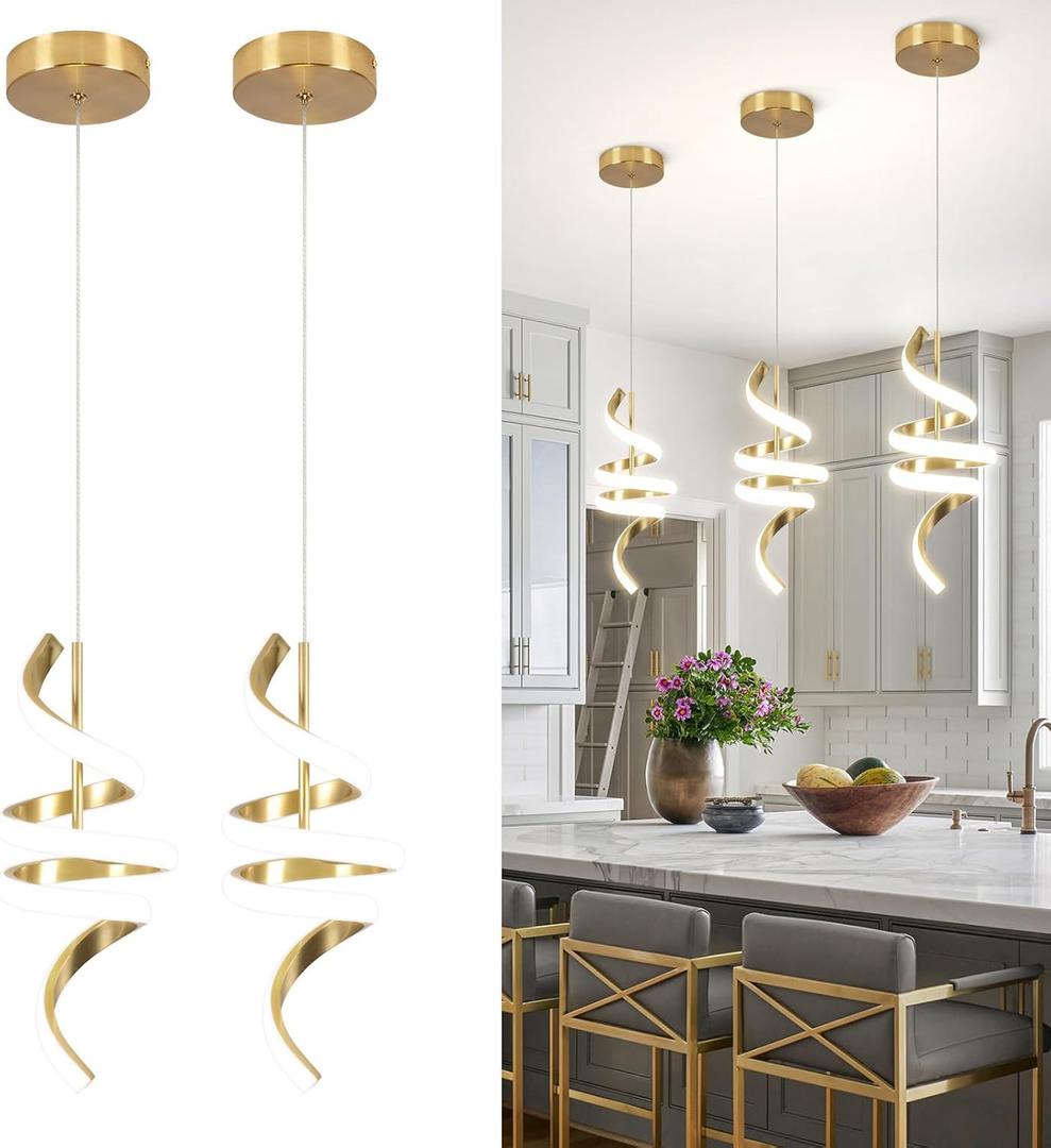 4000K Modern Pendant Light, 15IN Spiral LED Pendant Lights Adjustable Height Black Kitchen Island Fixtures Chandeliers for Dining Room Hanging Lights, 1 Pack (Gold,4000K, Hardwired,2PACKS)
