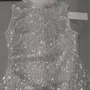 Sparkly Sequin Tank Tops for Women Glitter Sleeveless Cami Crop Vest Shimmer Club Party Top Shirts Silver White Small