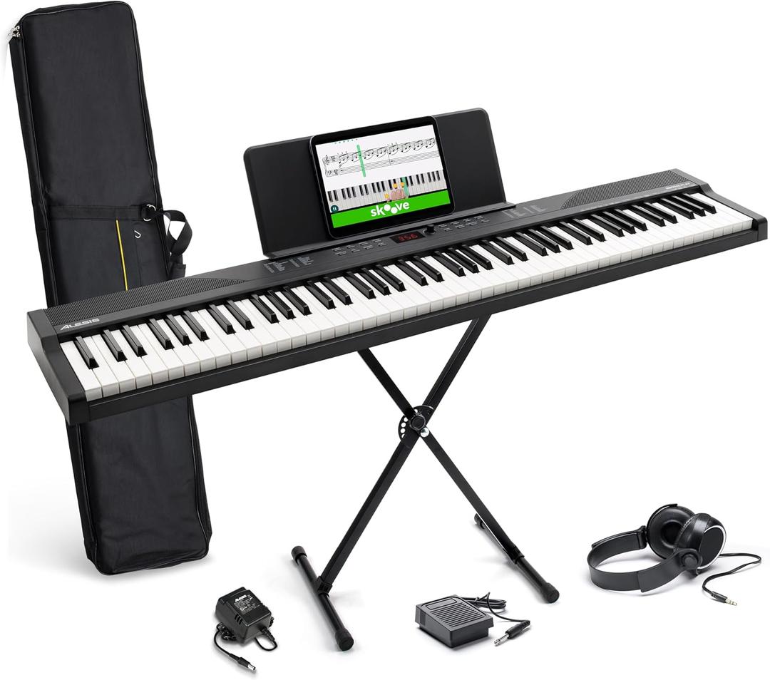 Alesis 88 Key Keyboard Piano with 480 Sounds, Speakers, USB MIDI, Carry-Bag, Stand, Headphones, Pedal and Piano Lessons for Beginners, 88 Keys + Accessories