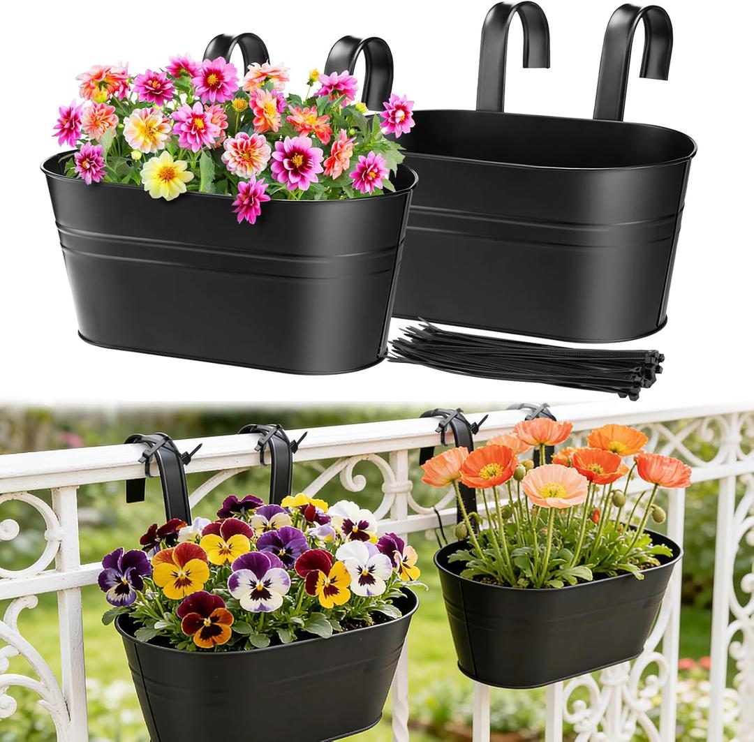 MADHOLLY Railing Planter with Drainage Holes - Sturdy Bucket Pots for Railing Fence, Countryside Style Metal Flower Pots for Herbs Balcony Garden Yard Decor, 2Pcs, Black