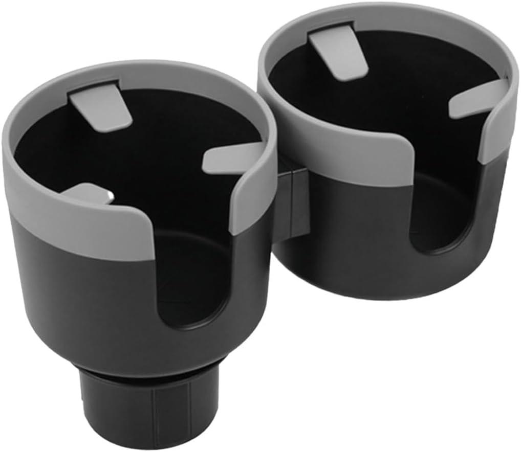 Car Double Cup Holder Extender, 2-in-1 Car Cup Holder Adapter with Adjustable Base, Universal Multifunctional Cup Holder Organizer for Beverage, Snack, Cup, Bottle Storage (Grey)