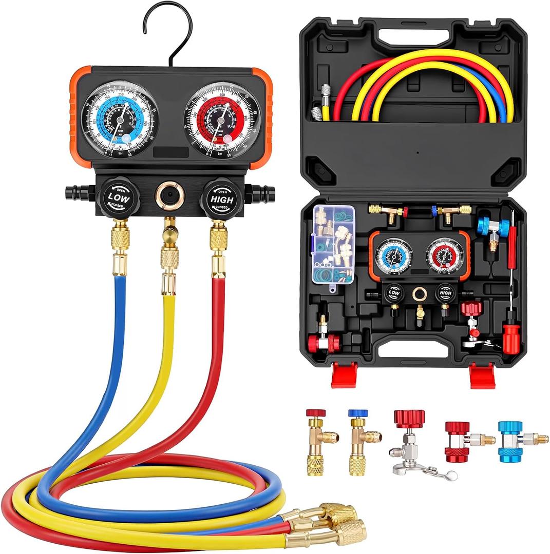 AC Manifold Gauge Set for R22 R410A R134a Refrigerant, 3 Way HVAC Manifold Gauges with R22 & R410A Safety Valves, 5FT Hoses, R134A & R410A Adapters, Universal Can Tap, Refrigerant Recharge Kit