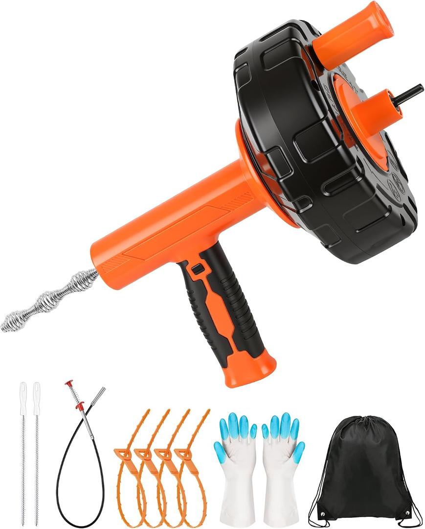 Drain Auger 25 ft, Auto Feed Plumbing Drain Snake Auger with Drill Adapter | Snake Drain Hair Removal Tool, Drill Powered & Manual Plumber Drain Snake for Kitchen Sink Bathroom Shower Bathtub Unclogging
