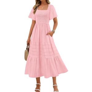 MEROKEETY Women's 2025 Summer Flowy Midi Maxi Dress Short Sleeve Square Neck Smocked Tiered Ruffle Boho Dresses with Pockets (Medium, Pink)