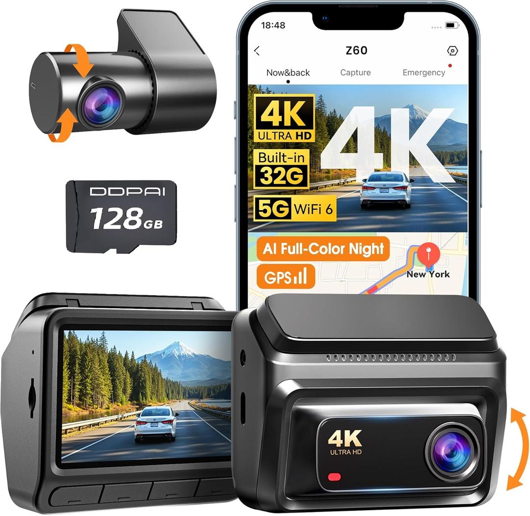DDPAI 4K Dash Cam Front and Rear, Built-in 32G eMMC Dual Dash Camera for Cars, 128GB Card Included Dashcam, GPS, Night Vision, 5G WiFi, 7-Days Parking Mode, 3" IPS, ADAS, WDR, Support 512GB, Z60