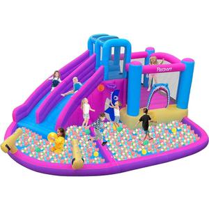 FBSPORT Inflatable Bounce House Double Slide,Water Slide Park Bounce House with Ball Pit,Water Cannon, Climbing Wall, Kids Bouncy Castle with 550W Air Blower for Backyard, Outdoor, Indoor