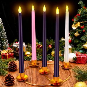5PCS Flameless Advent Candle Set with Gold Wreath Candle Holder Christmas Advent Candles Purple Pink White 10 Inch Taper Flameless Candles for Christmas Table Centerpiece Fireplace Home Church Decor