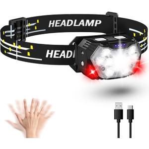 2000LM Ultra Bright 9 LED Headlamp, USB C Rechargeable Headlight, 10 Modes, Waterproof Motion Sensor Head Lamp Flashlight with White Red Light, Adjustable Headband for Adults Outdoor Hiking