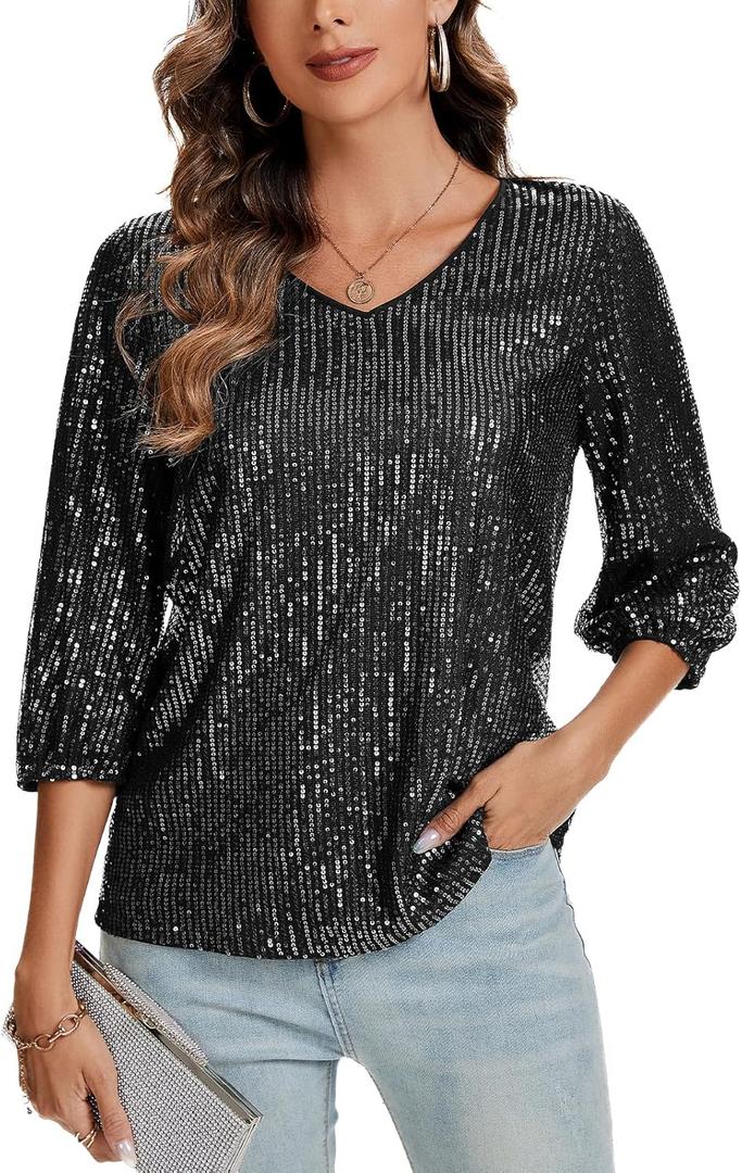 LADI TREND Women's Sparkle Sequin Party Top Glitter V-Neck Tee Concert Blouse Casual 3/4 Sleeve Shirt, Black Silver, Size L