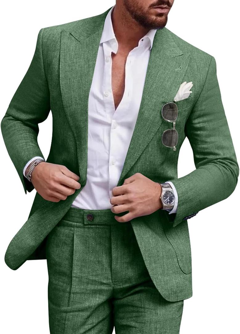 Linen Men Suit Set Casual Tuxedo 2 Piece Regular Fit Blazer One Button Solid Jacket and Pants for Prom Wedding Party (Dark Green) XL 