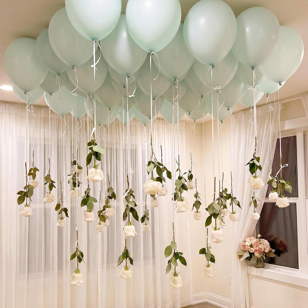 Xunyee 74 Pcs Artificial Flower Hanging Green Balloons Ornament Floating Garland Ceiling Rose Adjustable Ribbon Adhesives Dots for Wedding Anniversary Engagement Marriage Proposal Floral Birthday