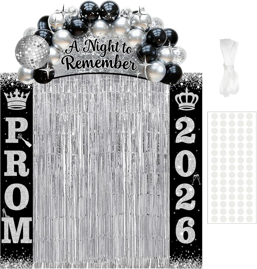 Prom Decorations 2026: Prom 2026 Banners Foil Fringe Backdrop Curtains Black and Silver Prom Send Off Decorations 2026 with Porch Sign for Door Home Photo Props Graduation Party Supplies