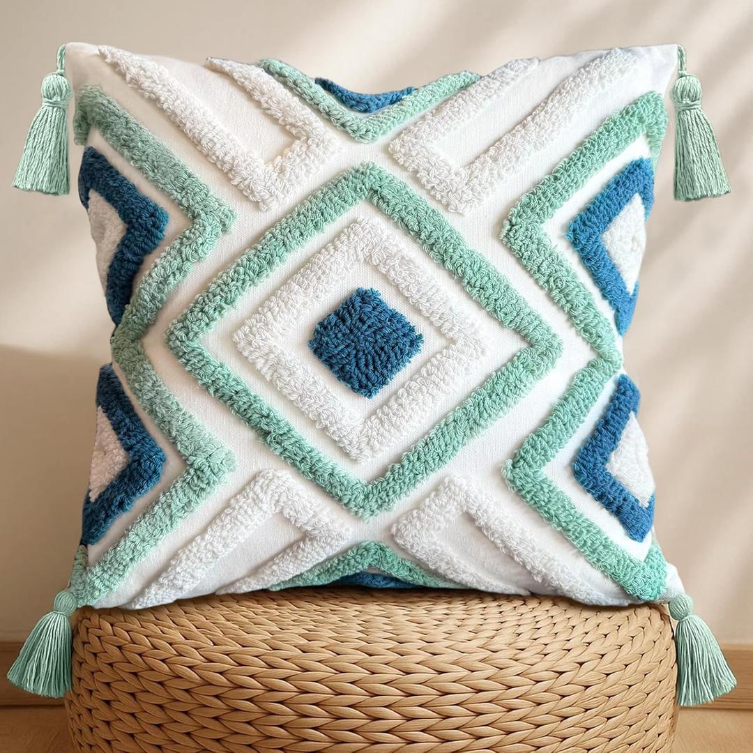 Throw Pillow Covers 18x18 - Tufted Decorative Pillow Cover with Zipper for Couch Sofa Bed Living Room Aesthetic Tassels Textured Striped Farmhouse Indoor Pillowcases, Green Blue Rhomb