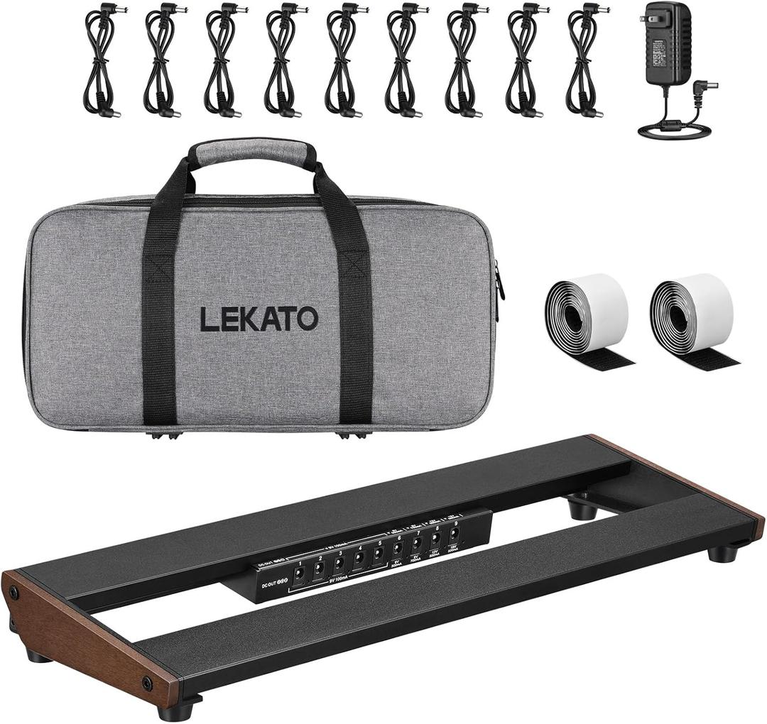 LEKATO Guitar Pedal Board, Pedal Board with Built-in Power Supply, 15.5x5.1x1.6" 1.3LB, Aluminum Alloy Powered Pedal Board with Pedal Cables, Bag, Adhesive Hookside Tape