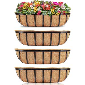 Y&M Window Boxes Horse Trough with Coconut Coir Liner, 24 Inch Window Deck with Coco Liner, Fence Metal Hanging Flower Planter Window Basket Deck Railing Planter Boxes (24in 4P)
