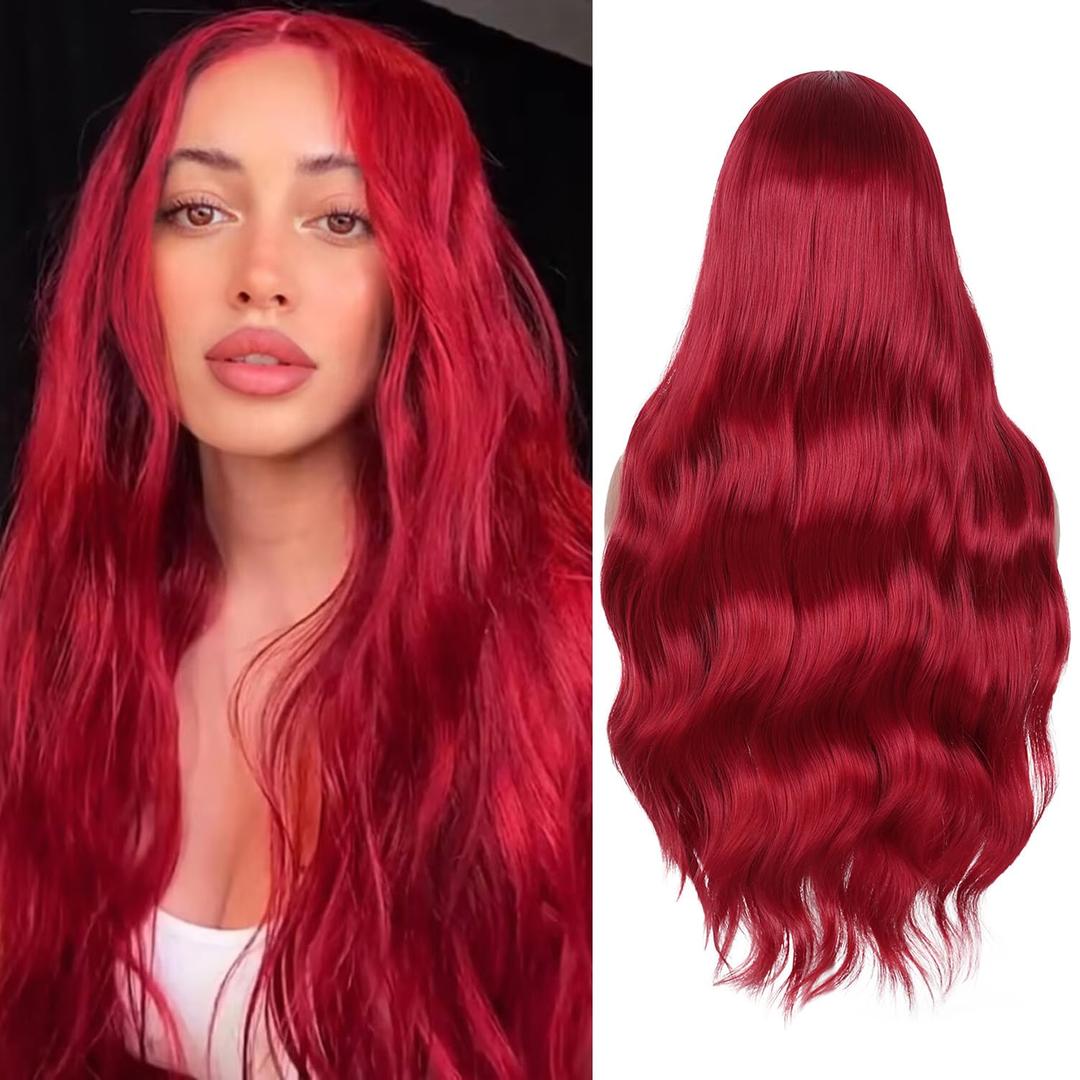FAVE Red Wigs for Women Mermaid Waves Synthetic Wig 28 Inches Middle Part Long Wavy Red Wig Natural Looking Heat Resistant Wig for Daily Party Use