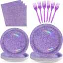 96Pcs Holographic Rainbow Purple Plates and Napkins Sets - Iridescent Purple Birthday Decorations for Girls - Serves 24
