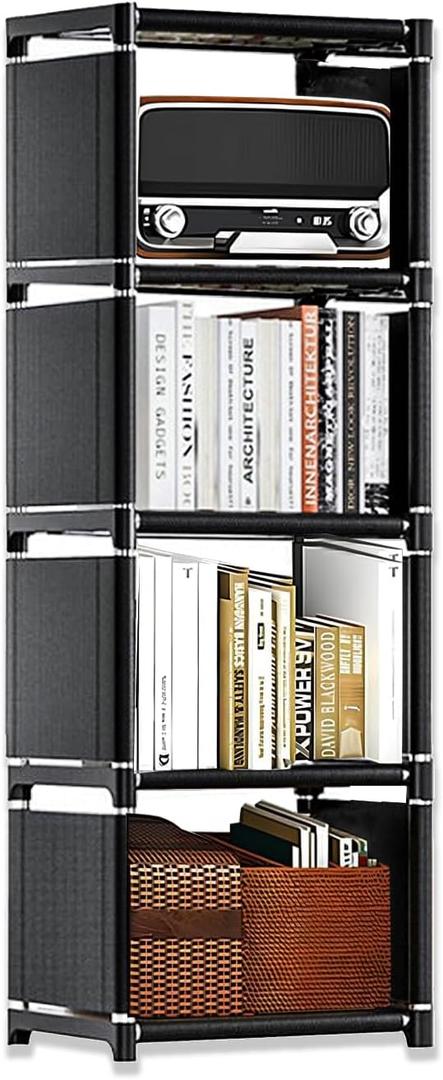 4-Cube Storage Organizer Shelf  Tool-Free Assembly Cube Bookcase for Bedroom, Closet & Small Spaces, Bookshelf Organizer for Kids Clothes & Nursery, Black (Black)