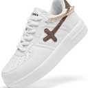 FANVOSSEM Chunky Platform Sneakers for WomenWomen's Comfy Sparkly Dad Shoes Lace-Up Casual Walking & Sport Work Sneaker (8, Khaki White)