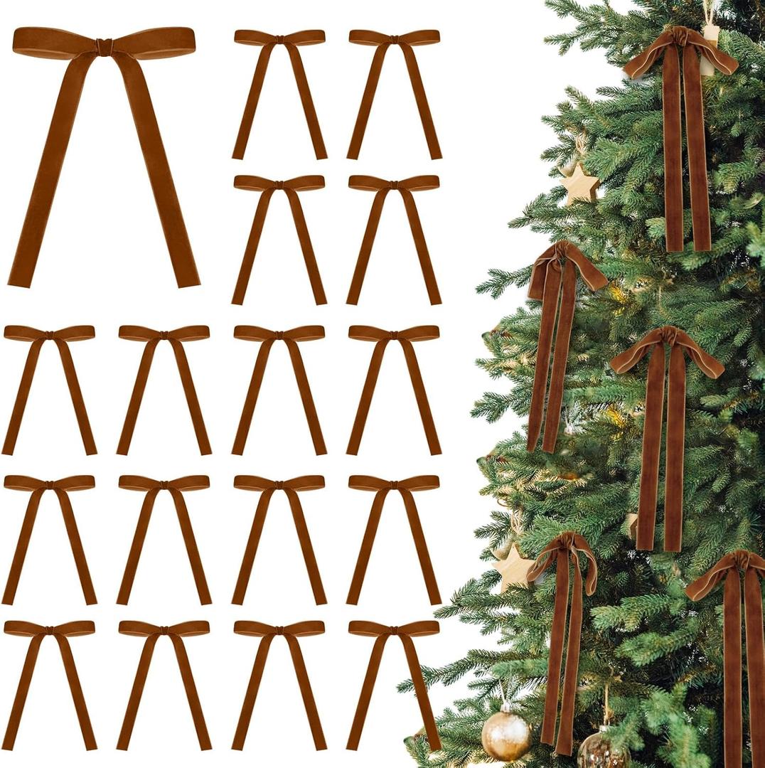 24 Pcs Velvet Bows for Christmas Tree Vintage Ribbon Bows for Crafts Garland Home Coquette Wedding Birthday Decor(5 x 7 InchWidth of 5/8",Copper)