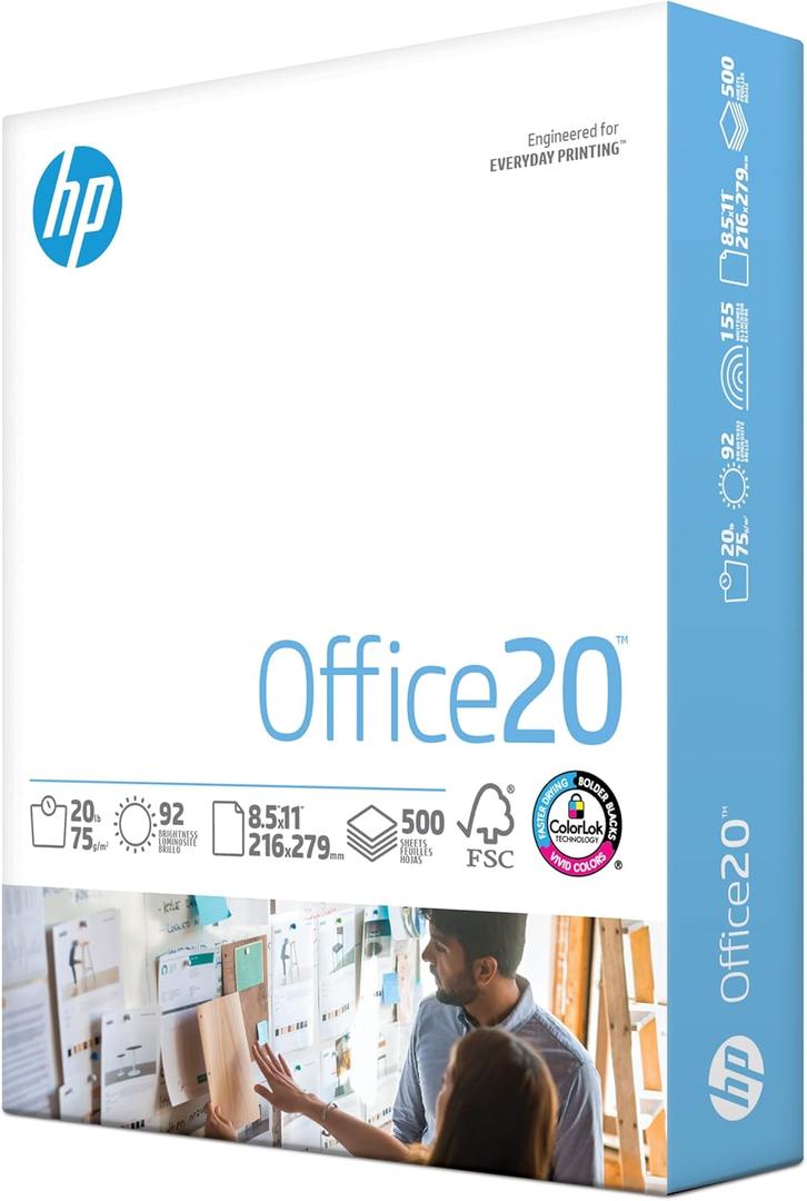 2 x HP Printer Paper | 8.5 x 11 Paper | Office 20 lb | 1 Ream - 500 Sheets | 92 Bright | Made in USA - FSC Certified | 172160R