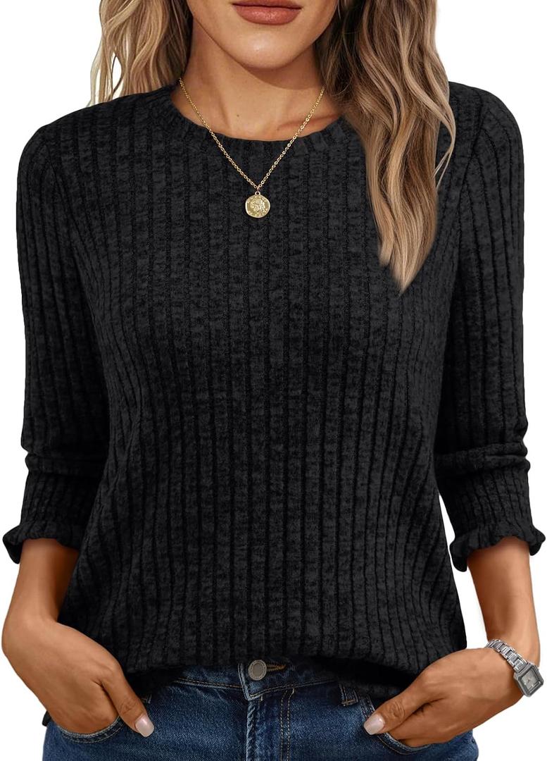 AUTOMET Womens 3/4 Sleeve Tops T Shirts Summer Sweater Round Neck Casual Top Ladies Tops Business Casual Blouses (Black, XL)