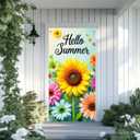 Hello Summer Door Cover for Door Decorations Sunflower Door Banner Backdrop Summer Seasonal Porch Front Photo Background for Outdoor Decor Supplies 71 x 35 Inch