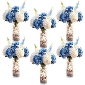 Yinder 6 Set Blue Wedding Flower Table Centerpieces Artificial Hydrangea Flowers Coastal Seashell Starfish Vase Table Decorations Blue White Floral Arrangement for Baby Shower Wedding Party Decor