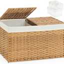 SETVSON Storage Basket with Lid Wicker Baskets for Storage with 2 Separate Lid 42.3 Gallon (160 L) 29.9 x 17.3 x 18.1 Inches Rattan Woven Large Wicker Basket with 2 Liners for Bedroom Laundry Natural
